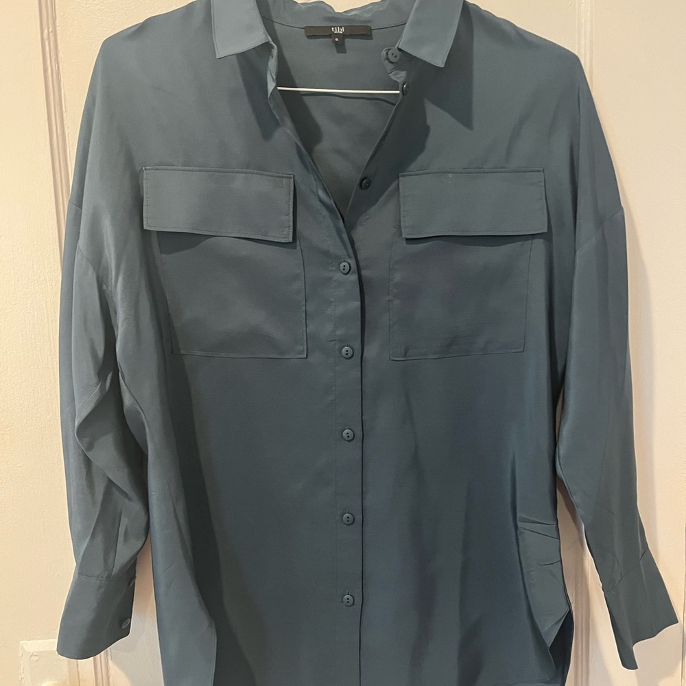 Tibi 100% Silk Blouse Small Baltic Blue NWOT Button-Up Roomy Fit